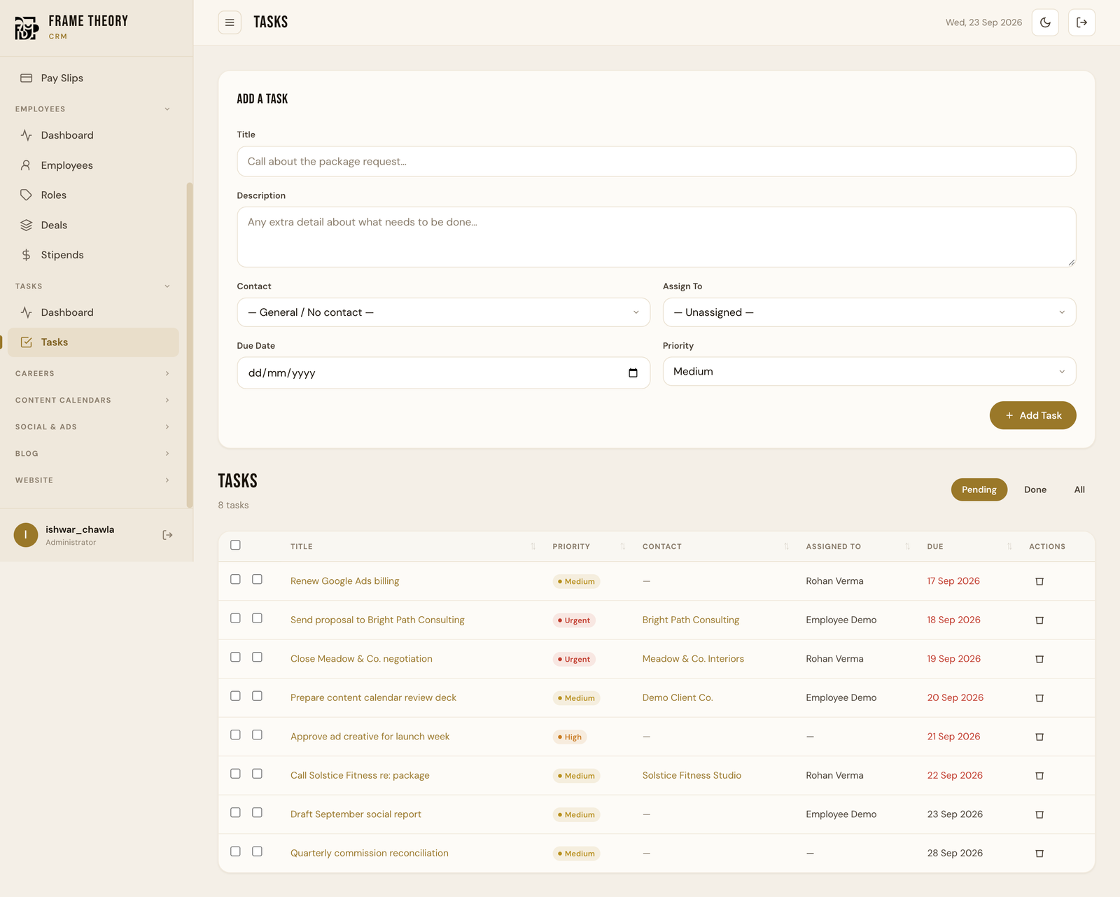 Team Tasks screenshot in Frame Theory OS