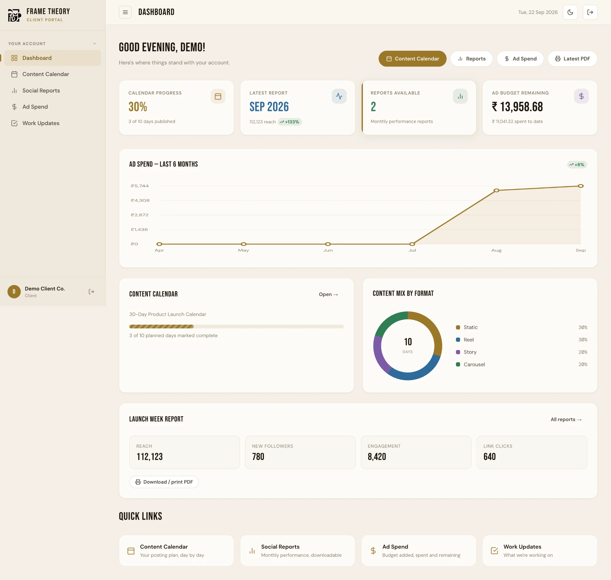 Client Portal screenshot in Frame Theory OS