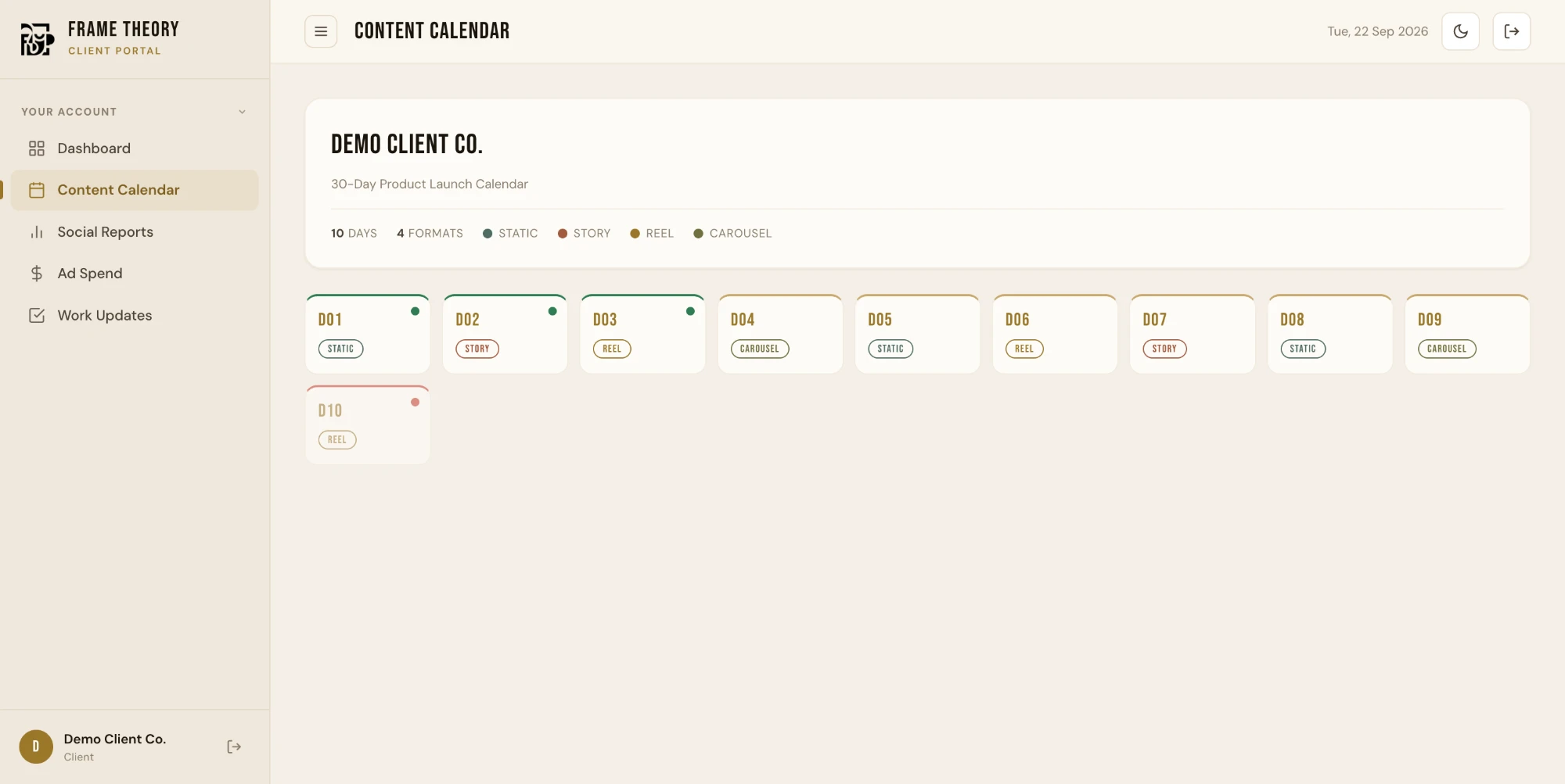 Content Calendar screenshot in Frame Theory OS