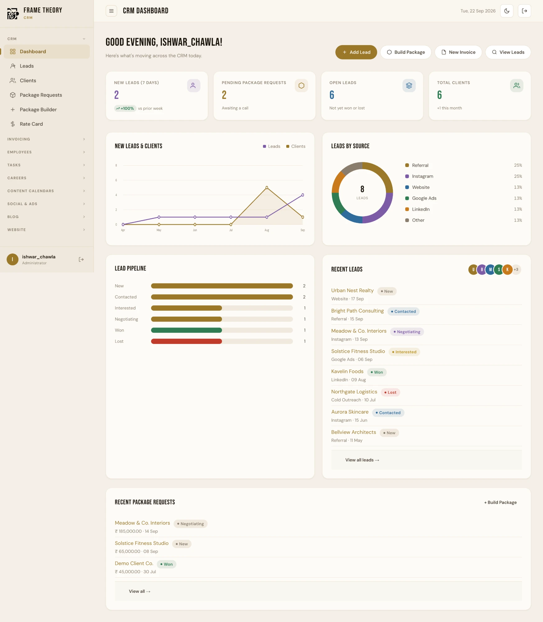 CRM Dashboard screenshot in Frame Theory OS