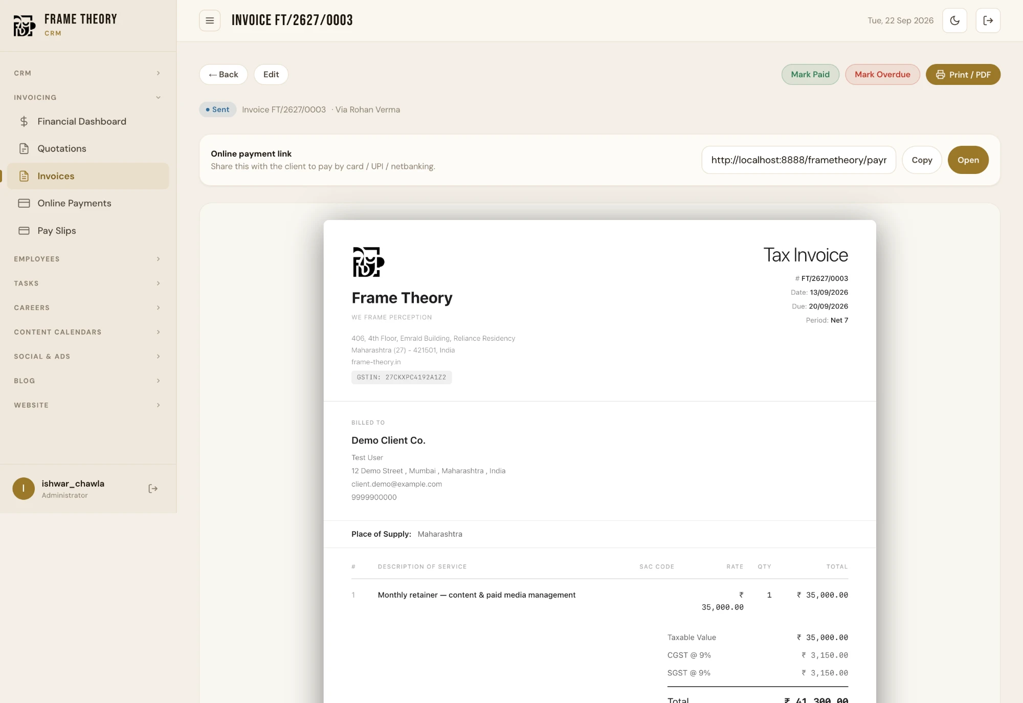Invoicing screenshot in Frame Theory OS